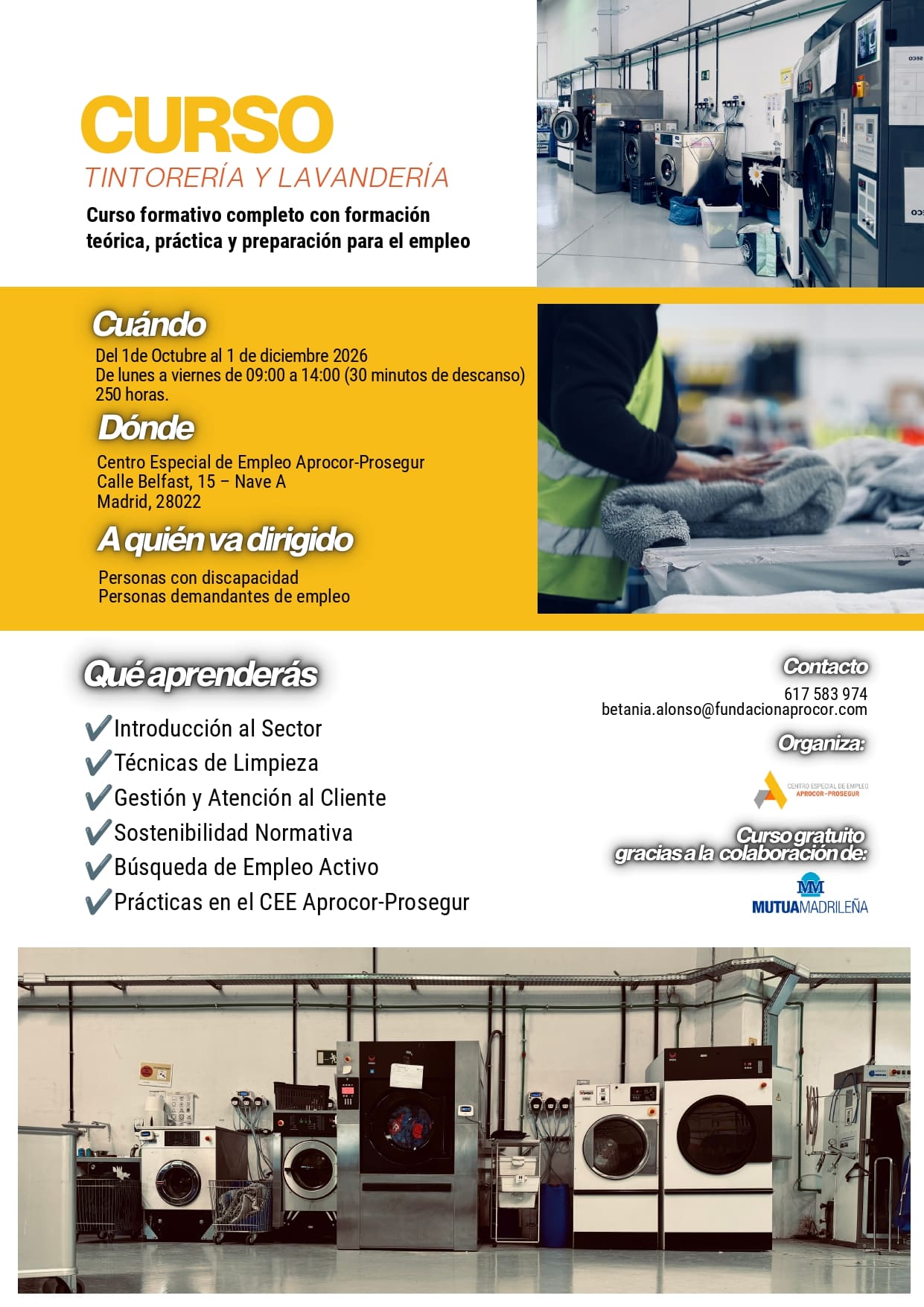 Cartel del curso de Tintorería y Lavandería organizado por el CEE Aprocor-Prosegur.