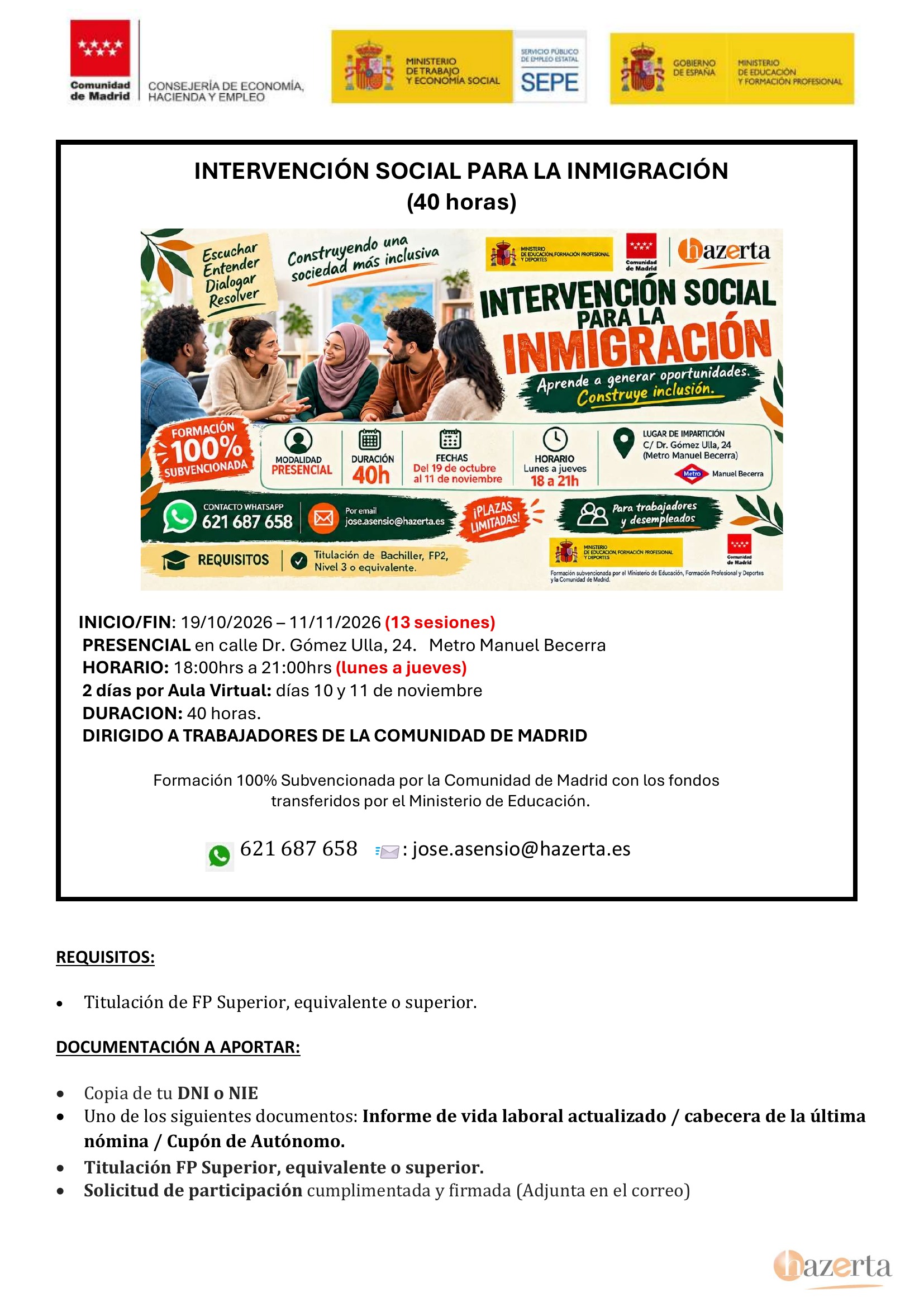 Cartel del curso Intervención Social para la Inmigración de Hazerta.