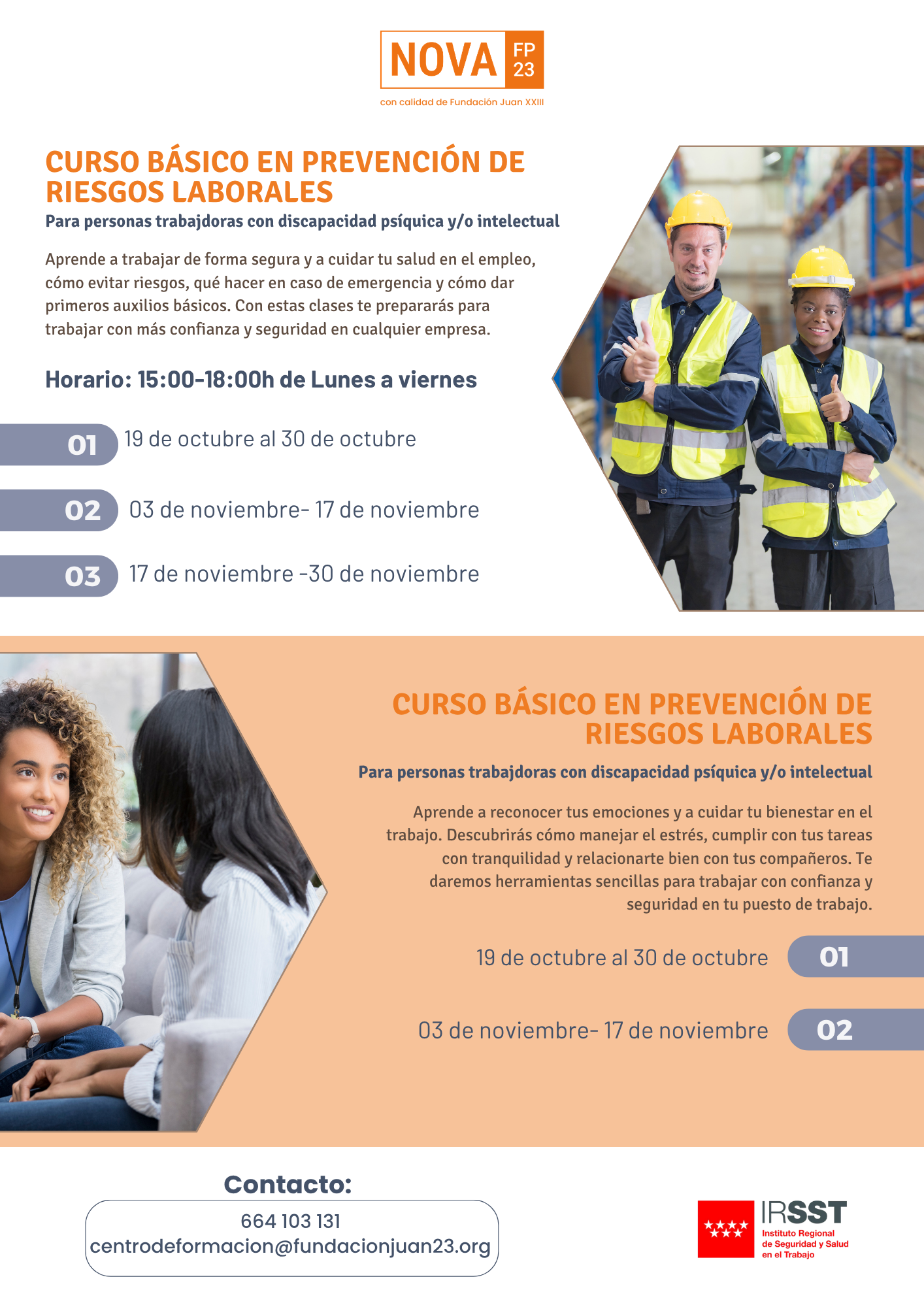 Cartel de los cursos de prevenci&oacute;n de riesgos laborales de Fundaci&oacute;n Juan XXIII.