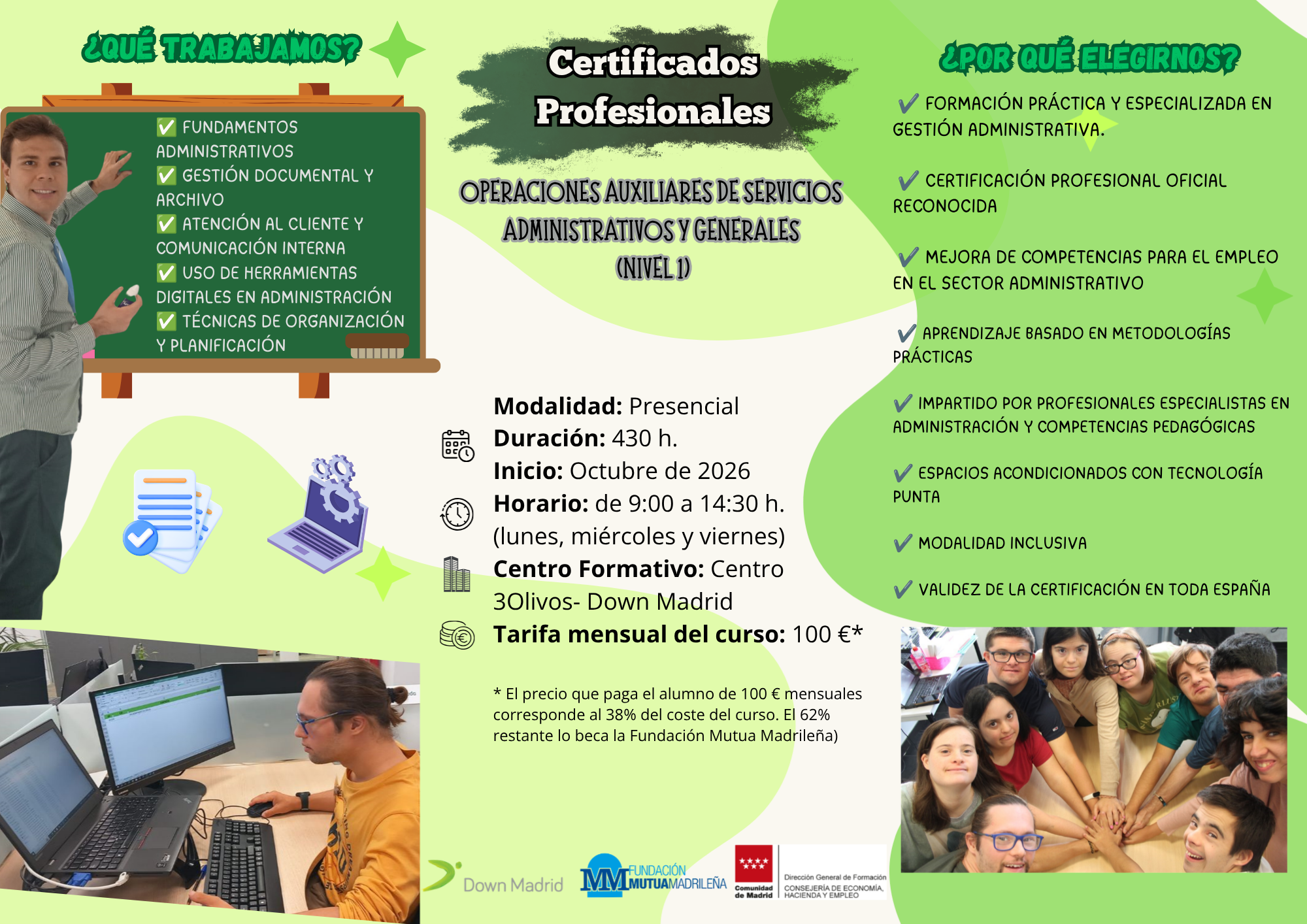 Cartel del certificado profesional de Operaciones Auxiliares de Servicios Administrativos y Generales de Down Madrid.