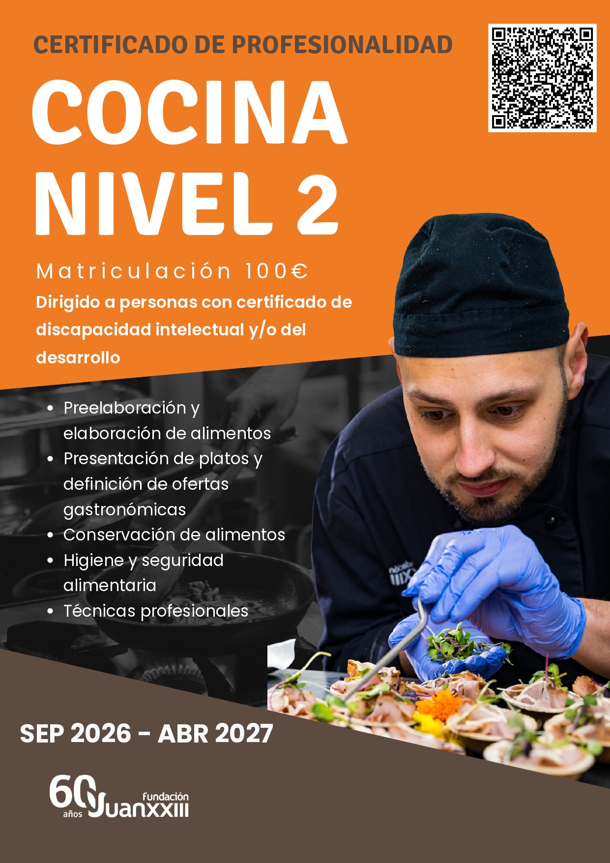 Cartel del Certificado de Profesionalidad de Cocina Nivel 2 de Fundación Juan XXIII.