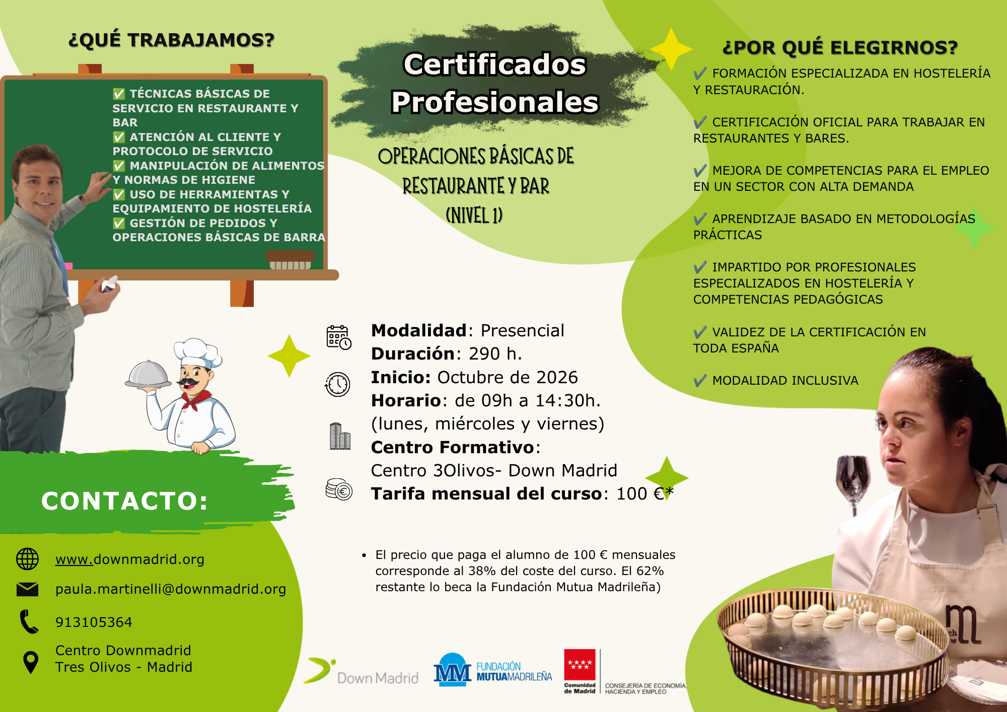 Cartel del certificado profesional de Operaciones Básicas de Restaurante y Bar de Down Madrid.