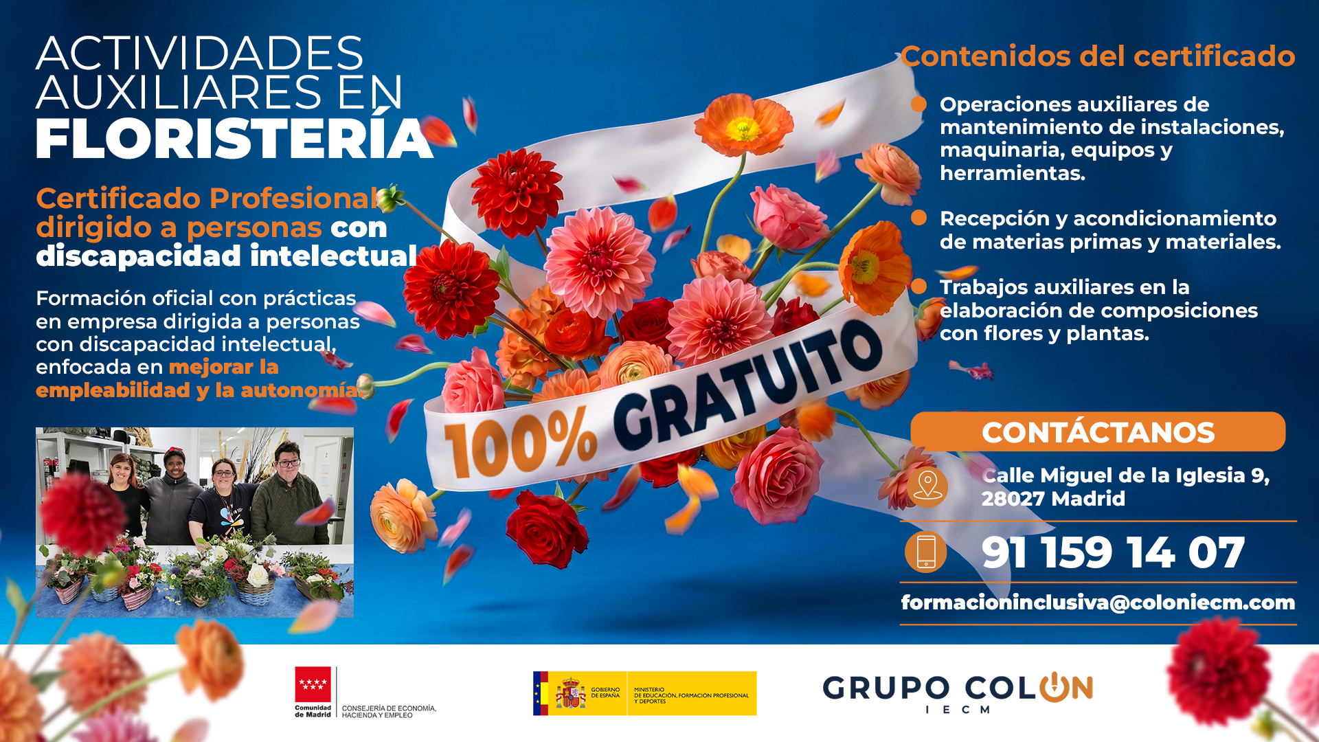 Cartel del Certificado Profesional de Actividades Auxiliares en Floristería de Grupo Colón IECM, dirigido a personas con discapacidad intelectual.